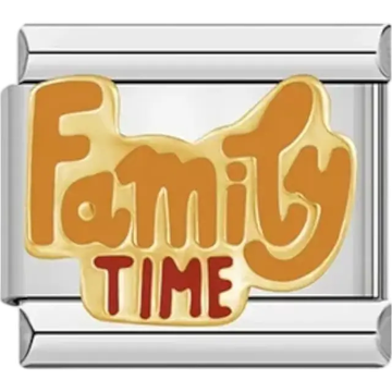 Gold "Family Time" text in orange and red design Italian charm bracelet link