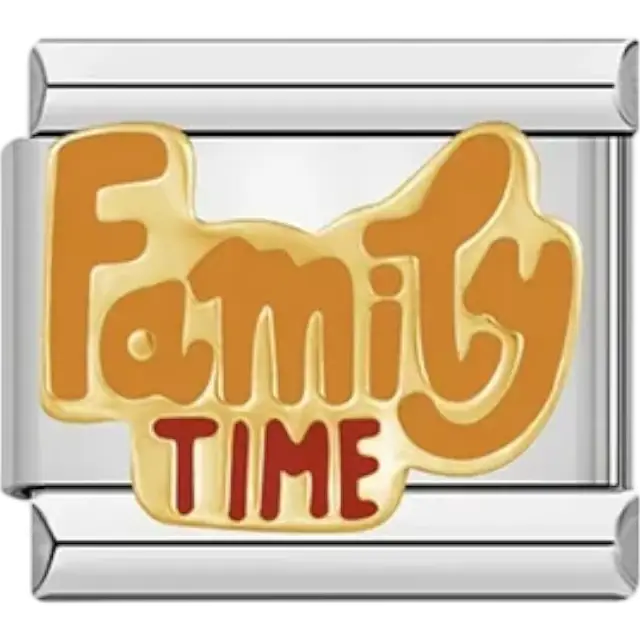 Gold "Family Time" text in orange and red design Italian charm bracelet link