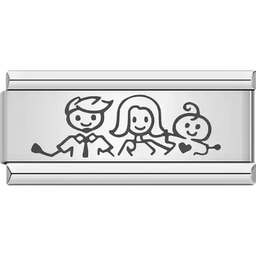 Black stick figure family with two parents and a baby with a heart accent Italian charm bracelet link