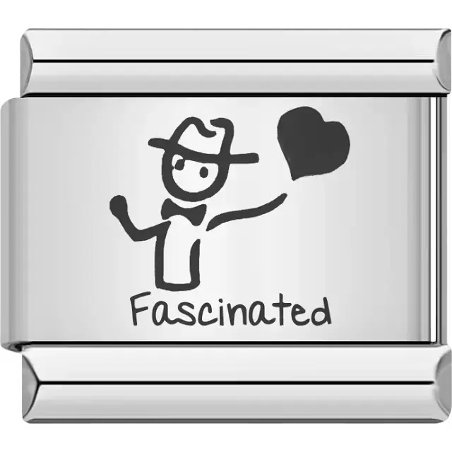 Man with hat holding heart and "Fascinated" script Italian charm bracelet link