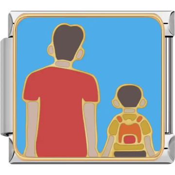 Father in red shirt holding hand of child with orange backpack on blue background Italian charm bracelet link