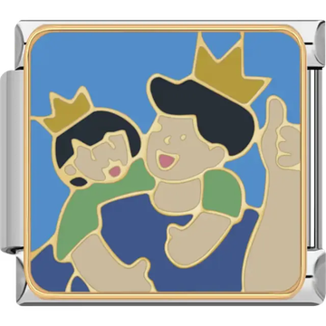Father giving thumbs up with child on his back both wearing gold crowns on blue background Italian charm bracelet link