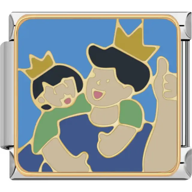 Father giving thumbs up with child on his back both wearing gold crowns on blue background Italian charm bracelet link