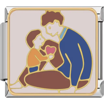 Father and son sitting together holding a pink heart with blue orange and brown accents on beige background Italian charm bracelet link