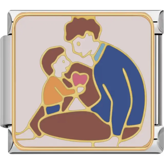 Father and son sitting together holding a pink heart with blue orange and brown accents on beige background Italian charm bracelet link