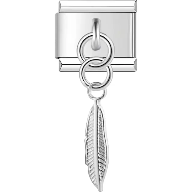 Detailed feather-shaped dangle with textured design Italian charm bracelet link