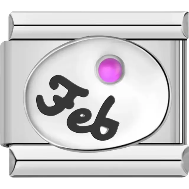 "Feb" text with an amethyst-inspired purple birthstone in an oval detail Italian charm bracelet link