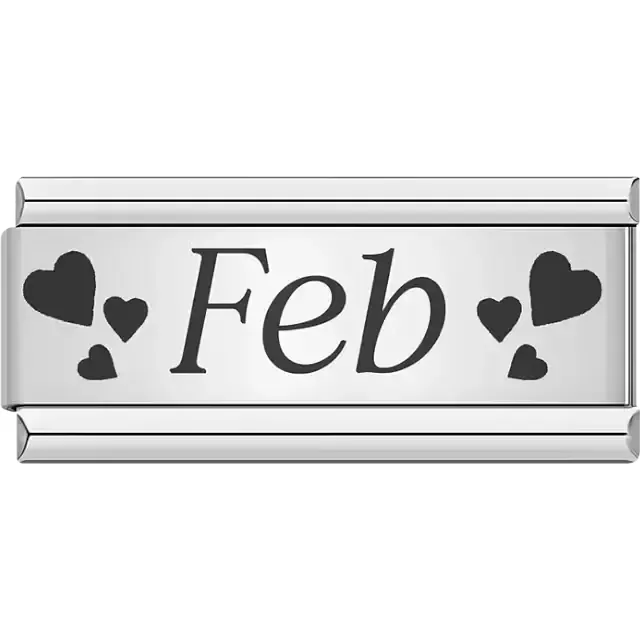 Black text spelling "Feb" surrounded by small and large black hearts Italian charm bracelet link
