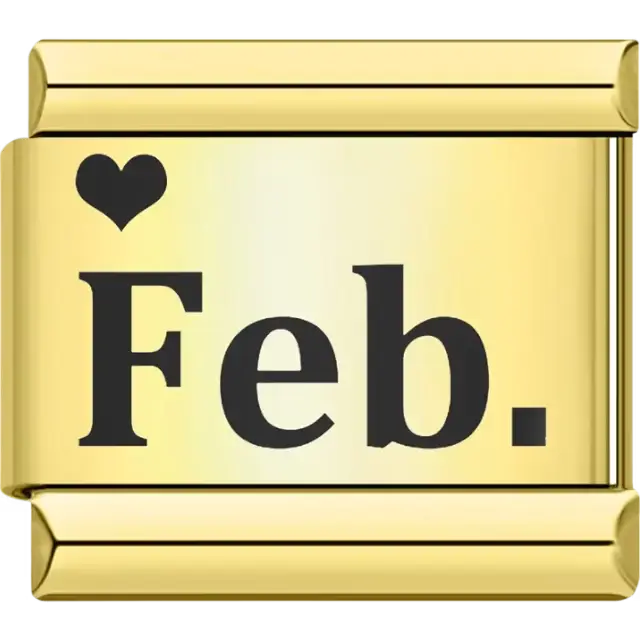 Black "Feb" text with a black heart Italian charm bracelet link