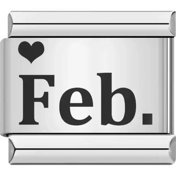 Black "Feb" text with a black heart Italian charm bracelet link