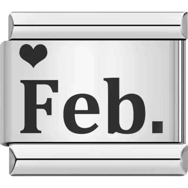 Black "Feb" text with a black heart Italian charm bracelet link