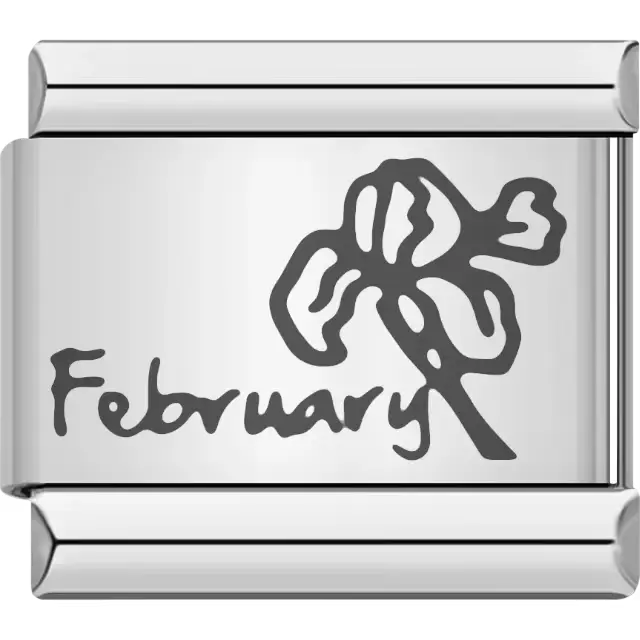 Violet flower with "February" text detail Italian charm bracelet link