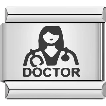 Black doctor figure with stethoscope above bold "DOCTOR" text Italian charm bracelet link