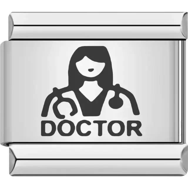 Black doctor figure with stethoscope above bold "DOCTOR" text Italian charm bracelet link