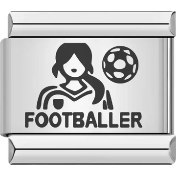 Black footballer figure with a football above bold "FOOTBALLER" text Italian charm bracelet link