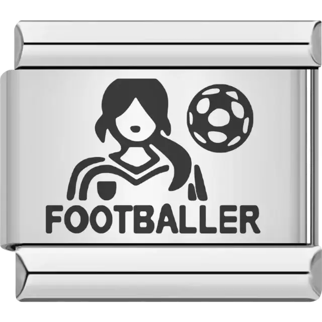 Black footballer figure with a football above bold "FOOTBALLER" text Italian charm bracelet link