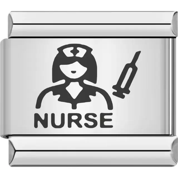 Black nurse figure with cap and syringe above bold "NURSE" text Italian charm bracelet link
