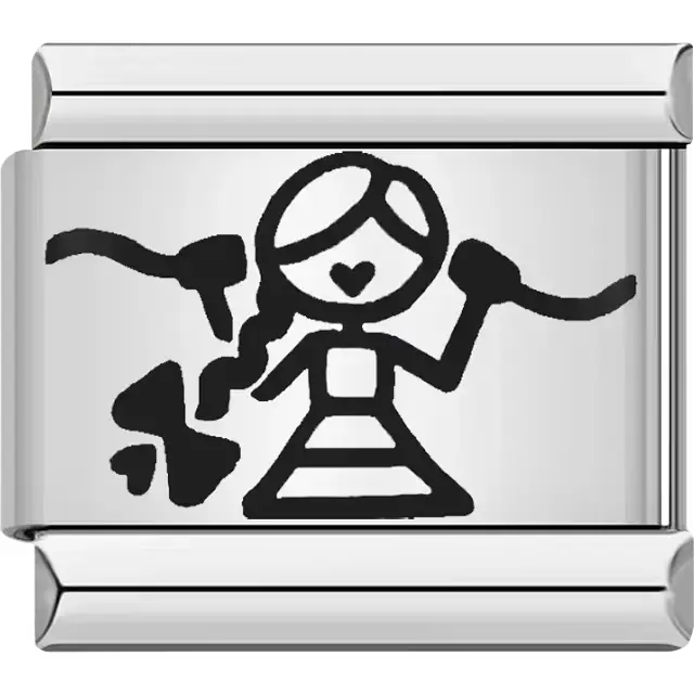 Stick figure female holding string telephones Italian charm bracelet link