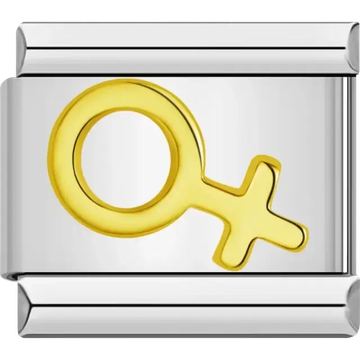 Gold-tone female symbol design featuring a circular base with a cross Italian charm bracelet link