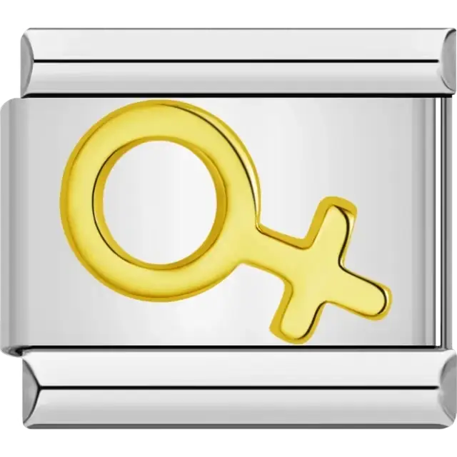 Gold-tone female symbol design featuring a circular base with a cross Italian charm bracelet link