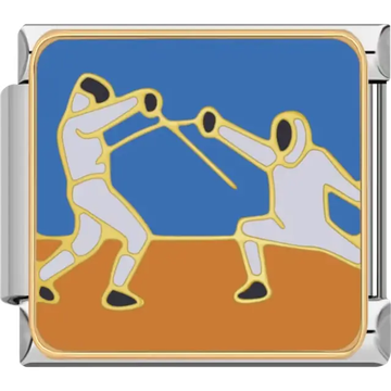 Two fencers in white uniforms with swords on a blue and brown background Italian charm bracelet link