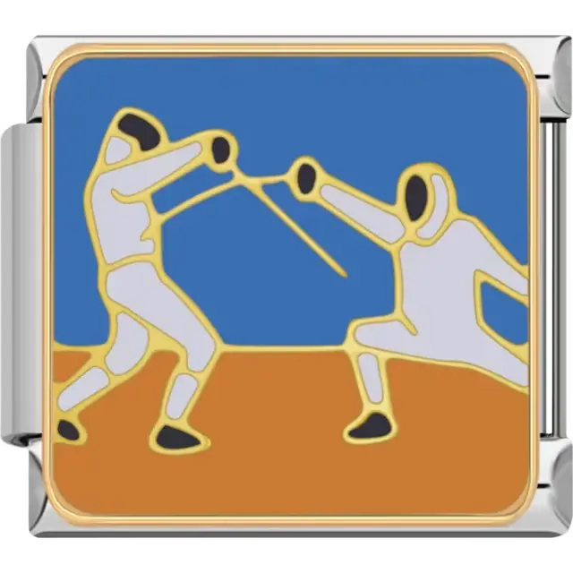 Two fencers in white uniforms with swords on a blue and brown background Italian charm bracelet link
