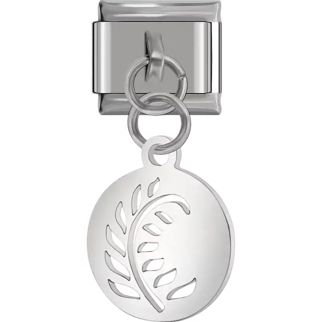 Fern leaf cutout disc dangle Italian charm bracelet link