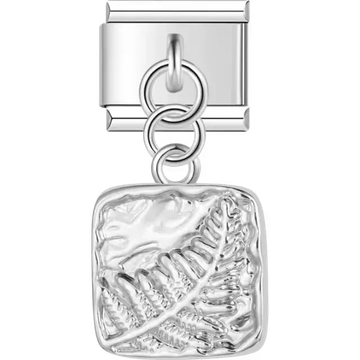 Textured fern leaf design on a square charm dangling Italian charm bracelet link
