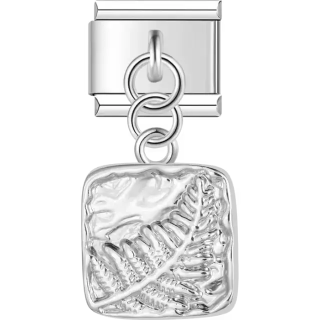 Textured fern leaf design on a square charm dangling Italian charm bracelet link