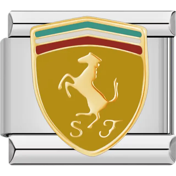 Gold shield with rearing horse SJ initials and red white green stripes Ferrari logo Italian charm bracelet link