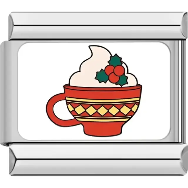 Red cup with whipped cream, a decorative holly sprig, and yellow and gold patterns Italian charm bracelet link