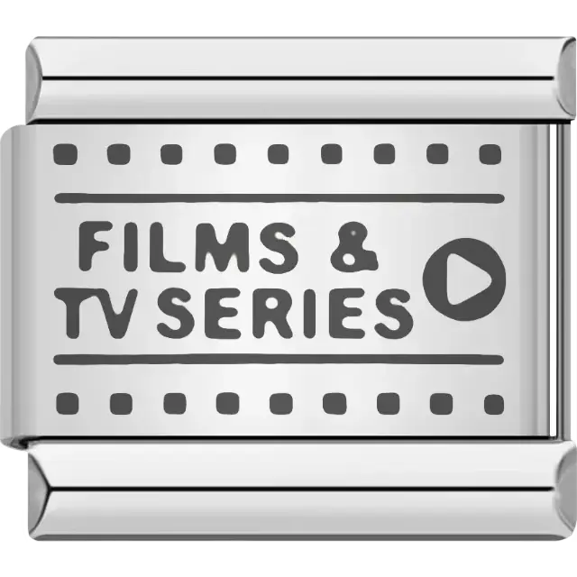 Black "FILMS &amp; TV SERIES" text with a play button and filmstrip design Italian charm bracelet link
