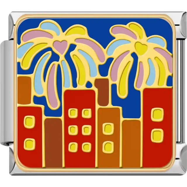 Colorful fireworks with heart and star shapes over a city skyline on a blue background Italian charm bracelet link