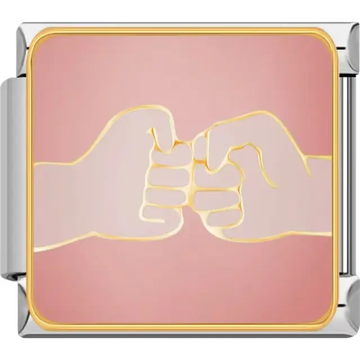 Two hands doing a fist bump with gold outlines on a pink background Italian charm bracelet link