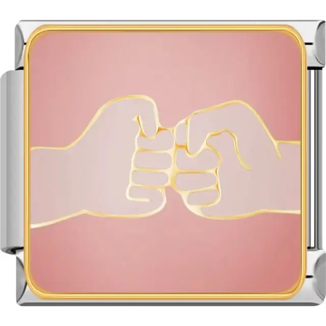 Two hands doing a fist bump with gold outlines on a pink background Italian charm bracelet link