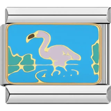 Pink flamingo standing in water with blue background and green plants Italian charm bracelet link