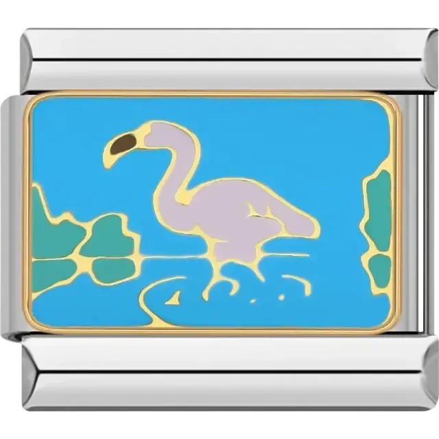 Pink flamingo standing in water with blue background and green plants Italian charm bracelet link