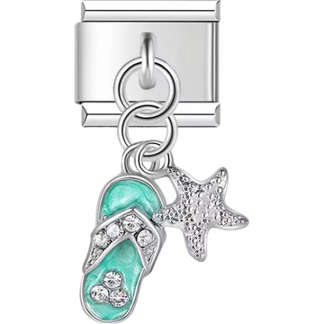 Silver flip-flop with teal enamel and rhinestones paired with a silver starfish dangle design Italian charm bracelet link