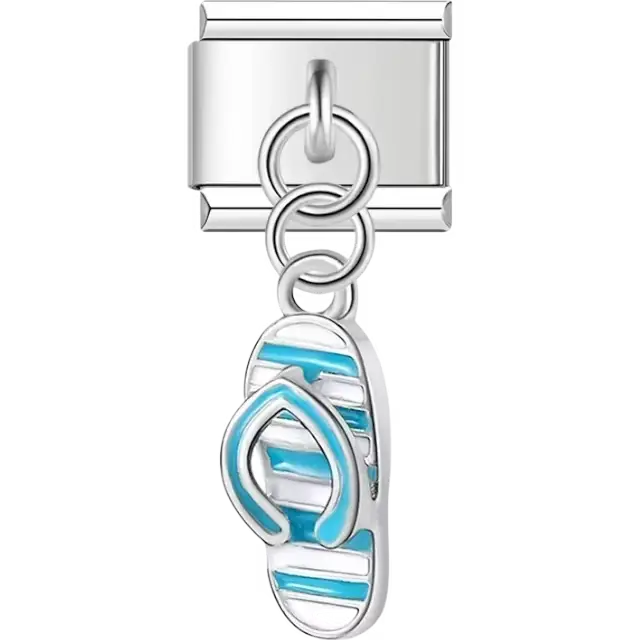 Blue and white striped flip-flop dangle with silver trim on a stainless steel Italian charm bracelet link