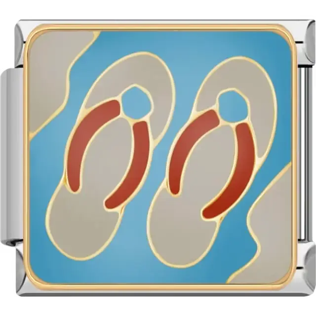 Beige flip-flops with red straps on a blue background Italian charm bracelet link