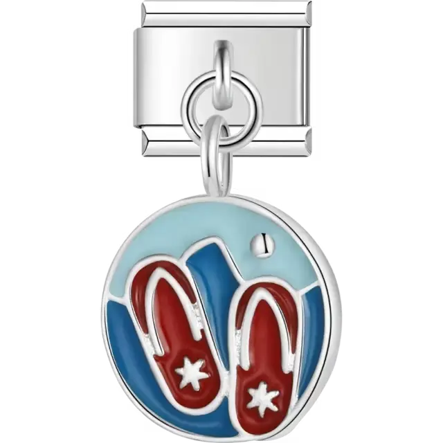 Red flip-flops on a blue and light blue circular background Italian charm bracelet link