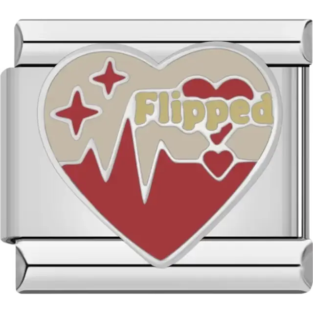 Red and beige heart with stars and "Flipped" text Italian charm bracelet link