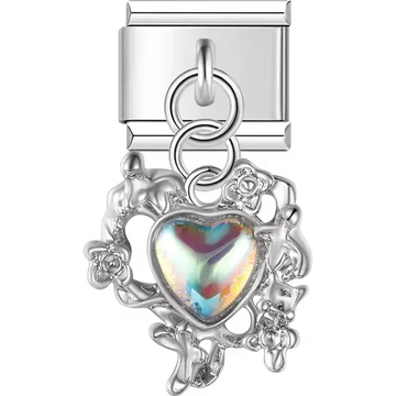 Hollow floral heart with faceted iridescent stone centerpiece and dangling piece Italian charm bracelet link