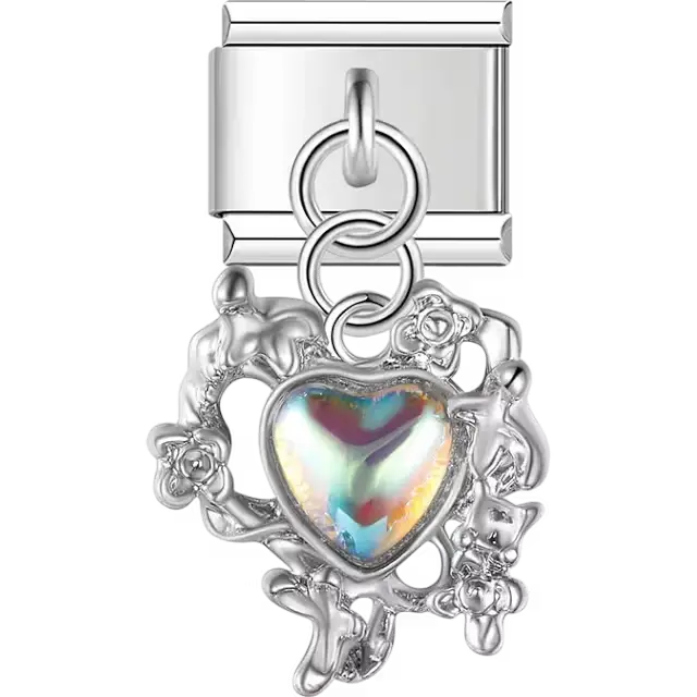 Hollow floral heart with faceted iridescent stone centerpiece and dangling piece Italian charm bracelet link