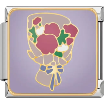 Pink and white flowers with green leaves and a gold outline tied with a blue bow Italian charm bracelet link