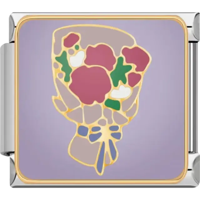 Pink and white flowers with green leaves and a gold outline tied with a blue bow Italian charm bracelet link