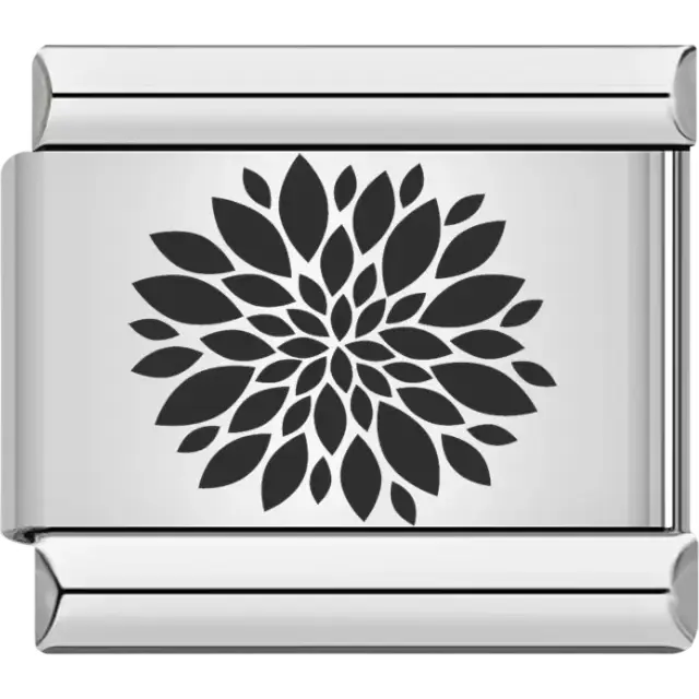 Black symmetrical floral burst pattern Italian charm bracelet link