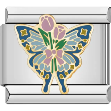 Butterfly with floral designs in pink, green, and blue Italian charm bracelet link