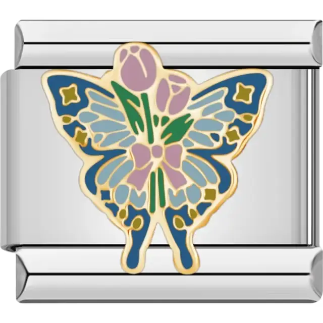 Butterfly with floral designs in pink, green, and blue Italian charm bracelet link