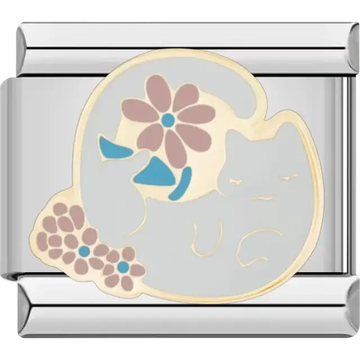 Blue and cream cat surrounded by pink and blue flowers Italian charm bracelet link